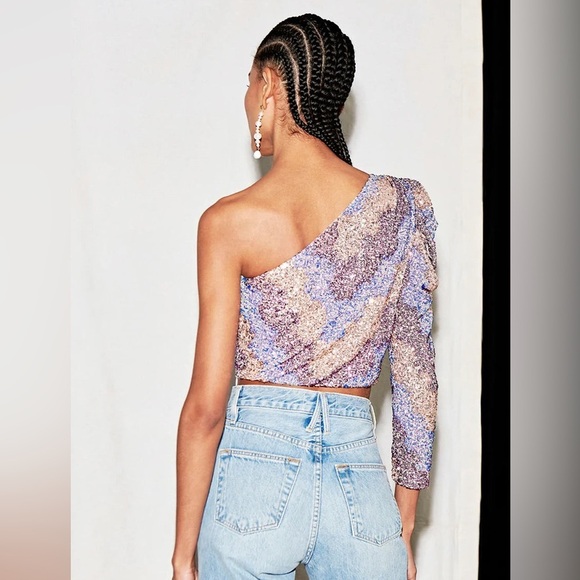 Saylor Tess One Shoulder Long Sleeve Zigzag Sequin Top - Picture 4 of 16